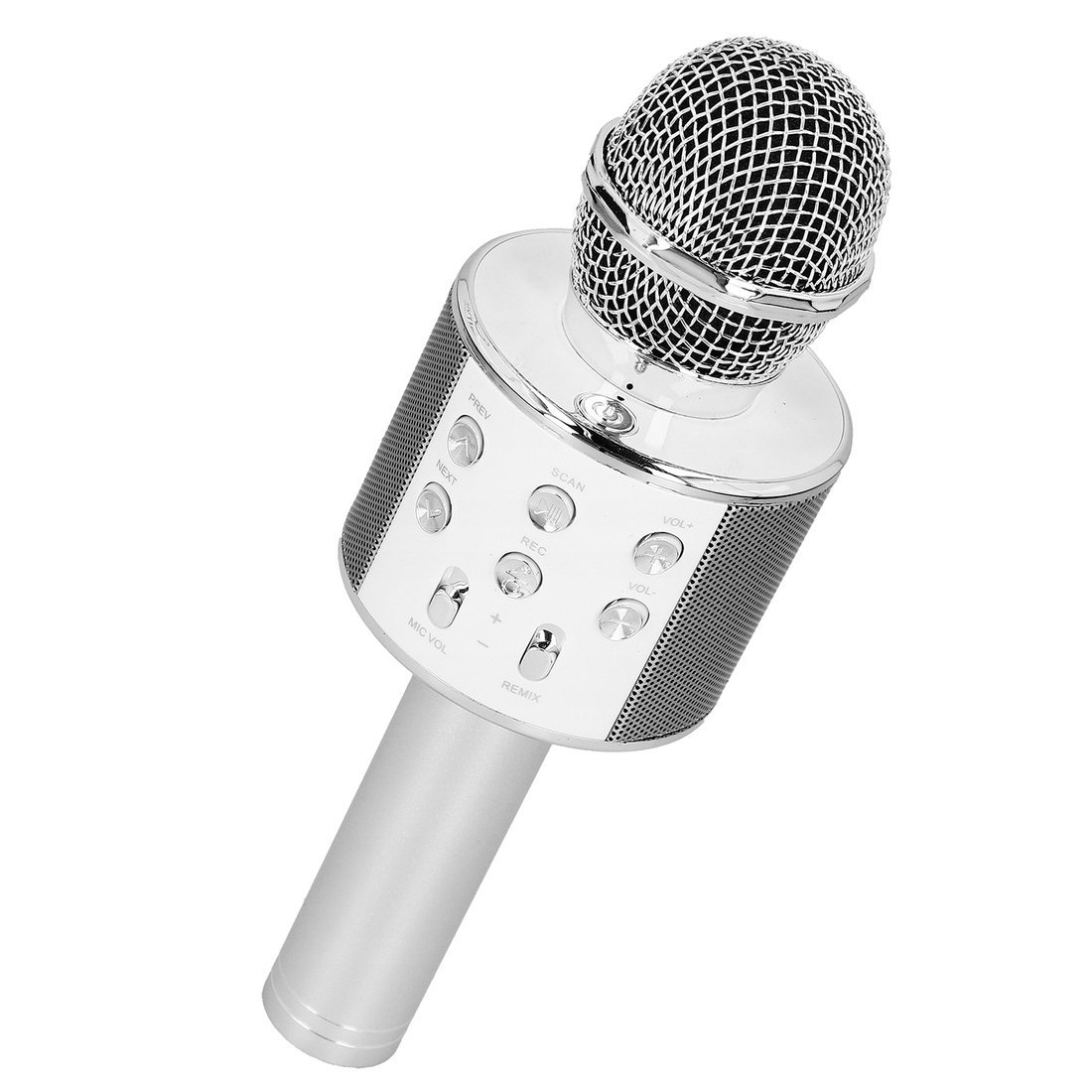 Bezdrátový mikrofon pro karaoke s ovladačem přehrávání stříbrný